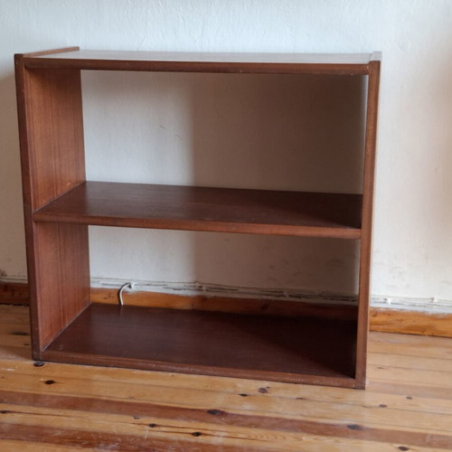 Vintage low wooden bookshelf with two shelves