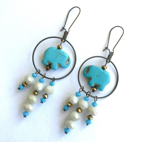Long bronze hoop earrings with blue elephant chalcedony