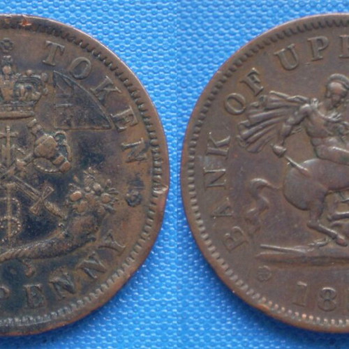 Bank token Ena Penny 1857 used, Bank of Upper Canada
