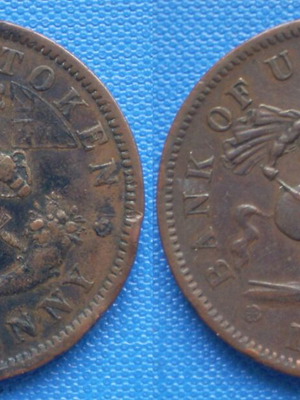 Bank token Ena Penny 1857 used, Bank of Upper Canada