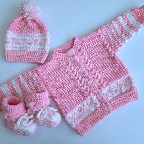 Knitted Baby Set 3 Pieces Handmade, Size 6-14 Months, Pink and White