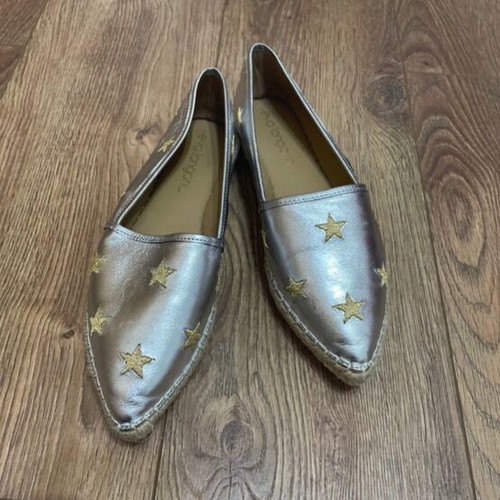 Eva Longoria leather espadrilles size 37 silver with gold embroidery, like new