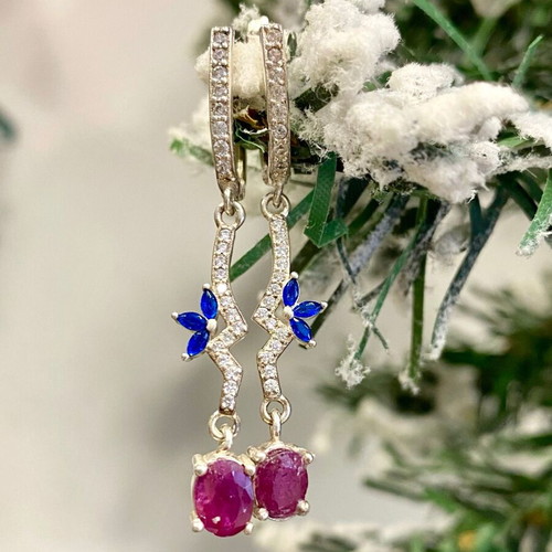 Handmade silver earrings with natural ruby, sapphire and moissanite