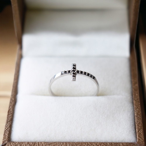 Cross ring new silver 925 with black zirconia stones