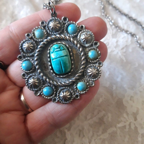 Vintage necklace used with turquoise and silver scarab