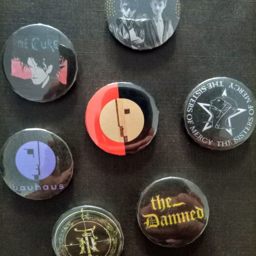 Goth and dark wave pin badges including Sisters of Mercy and Soft Cell