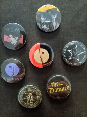 Goth and dark wave pin badges including Sisters of Mercy and Soft Cell