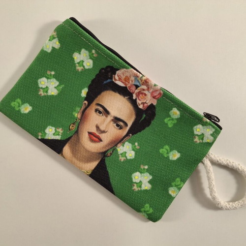 Handmade wallet with Frida Kahlo design, green, new