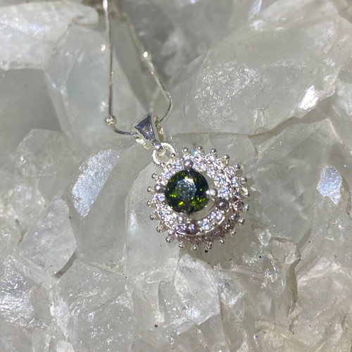 Silver pendant with natural intense green tourmaline and moissanite, new
