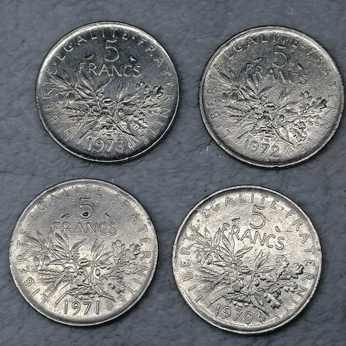 French 5 Francs coins used, set of 4 from 1970-1973