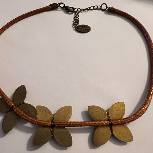 Brown leather necklace with metal floral details and rhinestones like new