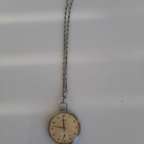 Pocket Watch Technos used, with silver chain, 1947, Swiss Made