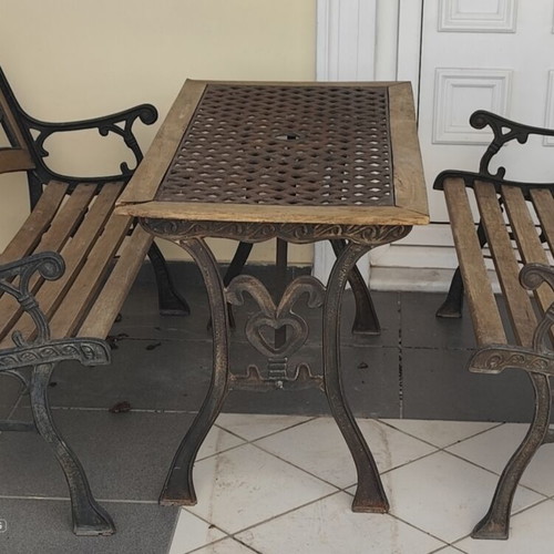 Vintage garden set: table and 2 benches, cast iron and wood
