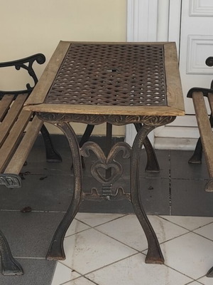 Vintage garden set: table and 2 benches, cast iron and wood