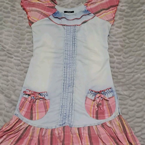 Denim mini dress with ruffles and pockets like new, multicolor