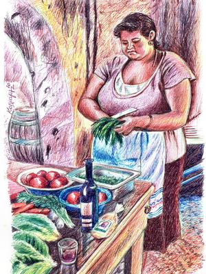 Colored pen artwork 'Mom in the kitchen' new
