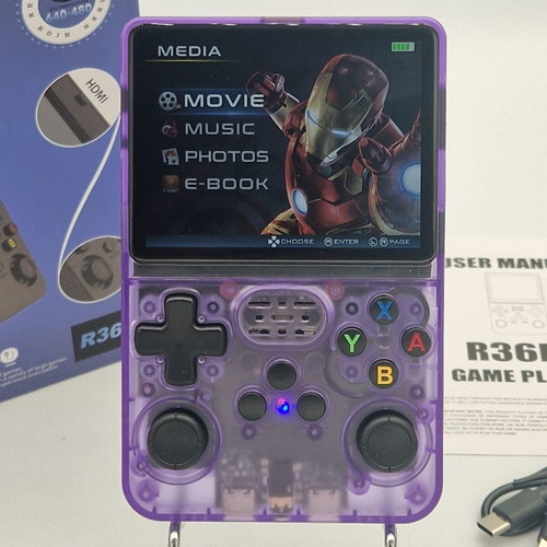 Retro Game Console R36S HD Black Purple new, 64GB TF card included