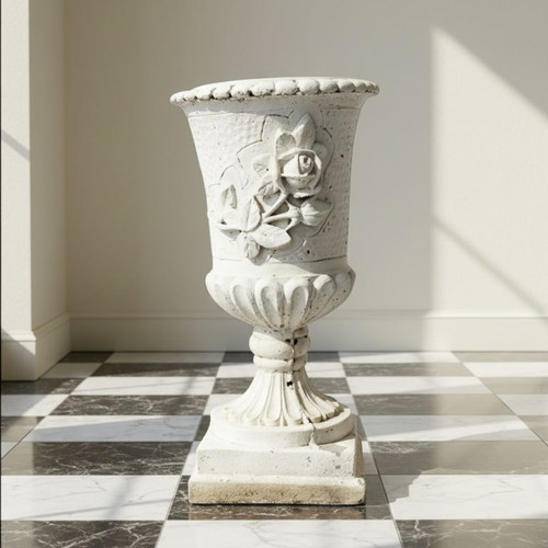 Cement garden urn Roman style used with patina decorative