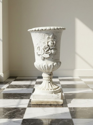 Cement garden urn Roman style used with patina decorative