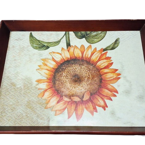 Vintage wooden tray with sunflower rustic decor used