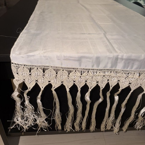 White table runner with woven design and handmade lace fringe, new