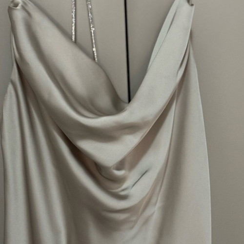 BSB Satin Dress like new with draped bust and rhinestone straps, size L
