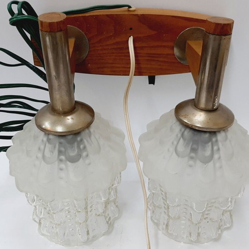 Double wall lamp Kolarov 1960s like new, wood and crystal