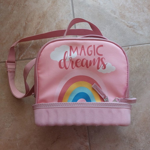 Pink lunch bag with rainbow design