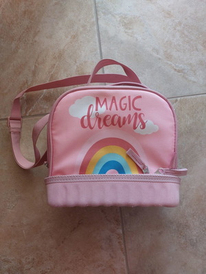 Pink lunch bag with rainbow design