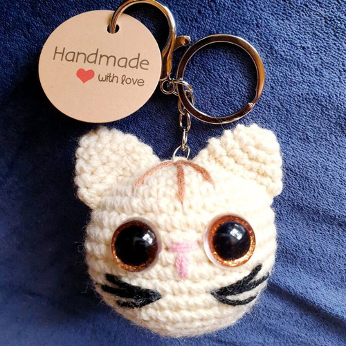 Keychain Charm Bag Cat Cream Amigurumi Knitted Handmade New