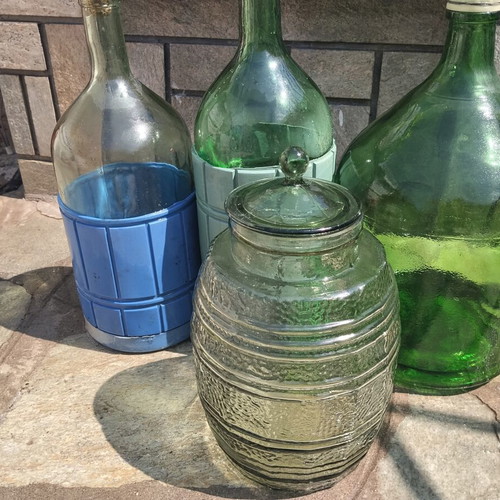 Vintage glass demijohns and storage jar set used, 4 pieces