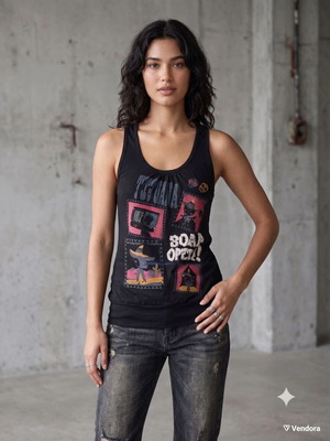 Black Tank Top with Vintage Graphic Print and Sequins, Like New