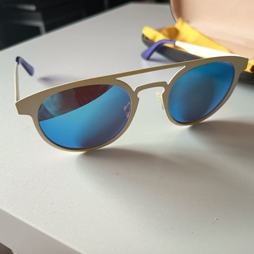 Sunglasses metal frame white-beige with blue mirror lenses new