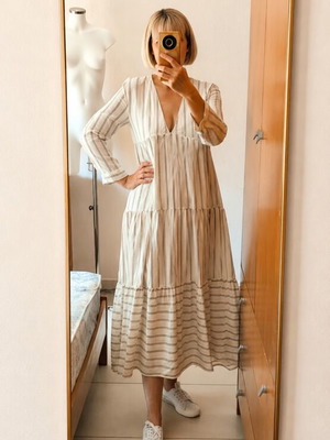 Zara Boho Poplin Maxi Dress size L, textured stripe fabric, pockets, like new