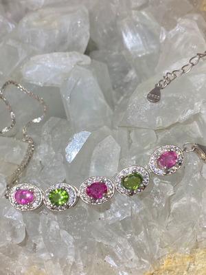 Handmade silver bracelet with natural green and pink tourmaline and moissanite