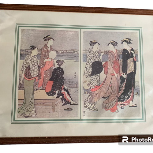 Japanese silk print used with geishas in wooden frame