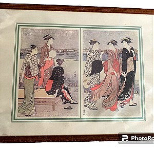 Κάδρο Ιαπωνική μεταξοτυπία- Vintage Japanese Silk print. Υψος 37 εκ. Χ 50 εκ.πλάτος