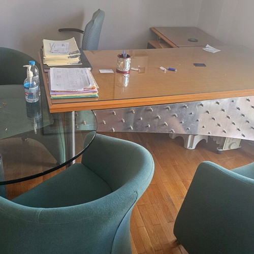 Office furniture set used with desk, chairs, cabinet, and glass table