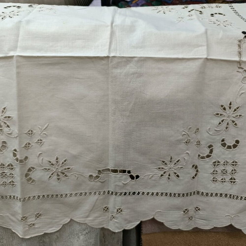 Linen cutwork tablecloth set beige handmade, new