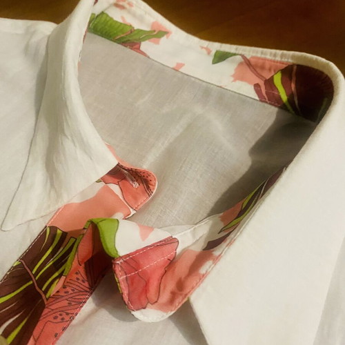 White semi-sheer shirt with floral trim, beachwear