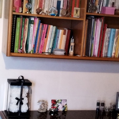 Wooden desk with glass and three drawers and bookshelf set like new
