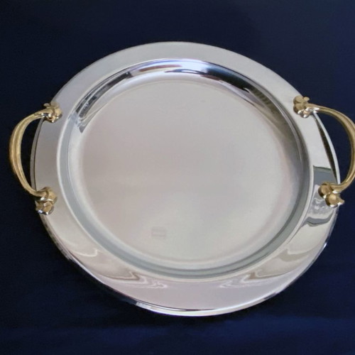 Crystal nut bowl 5 sections like new with Inox 18/10 tray and 24K handles