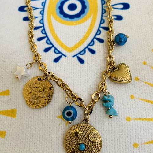 Boho ethnic gold-plated necklace with turquoise and evil eye charms new