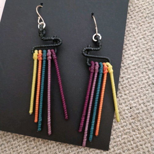 Handmade earrings with wire, wax thread, silk thread, silver hook new
