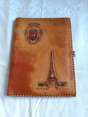 Vintage leather document holder used, Paris Eiffel Tower design