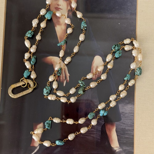 Handmade necklace with pearls, turquoise, and copper like new