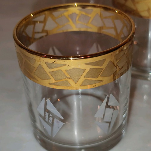 Whiskey or water glasses used, Italian made, gold decoration set of 5