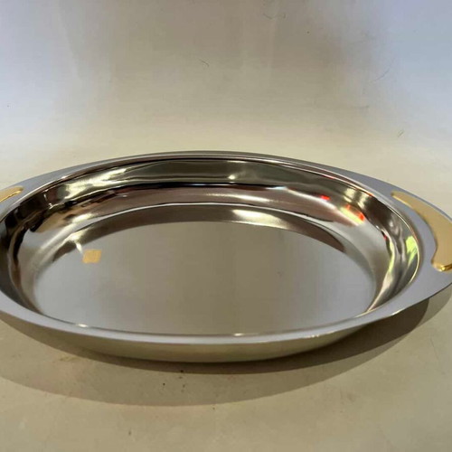 Vintage serving tray used, stainless steel with 24K gold details