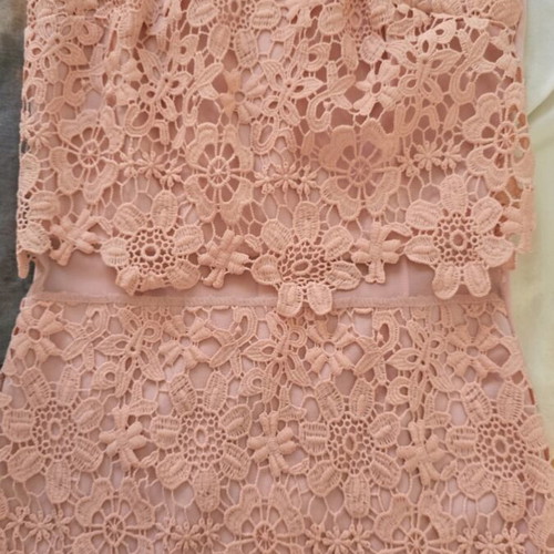 Lace dress in salmon peach shade with floral pattern and waist detail