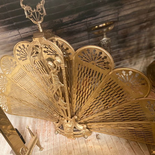 Vintage fireplace decorative screen used, solid brass peacock fan style
